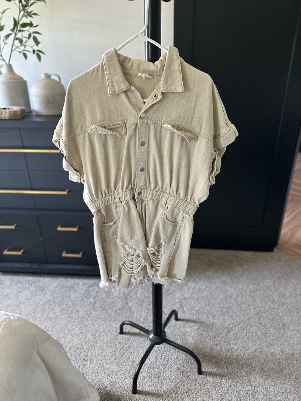 BiBi Beige Short-Sleeve Distressed Denim Romper